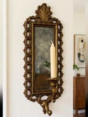 Vtg 1972 MCM Homeco Dart Gold-Tone Gilded Taper Candlestick Mirror Wall Sconce